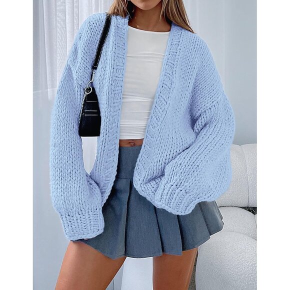 Womens Trendy Cardigan Sweaters Light Blue Long Sleeve Chunky Knit Outfits - Picture 7 of 8